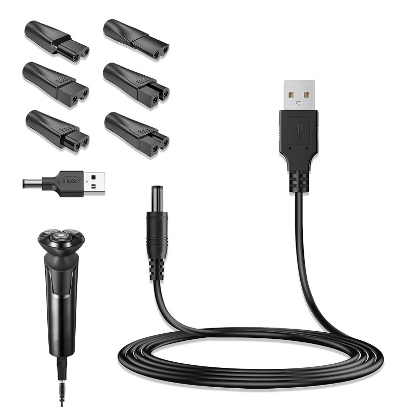 مجموعة كابل شاحن ماكينة الحلاقة الكهربائية 8 قطع مع محولات متعددة، شاحن ماكينة الحلاقة USB العالمي ومصادر الطاقة، شاحن ماكينة الحلاقة 5 فولت متوافق مع علامات تجارية متنوعة، مثالي للسفر والاستخدام المنزلي (أسود)